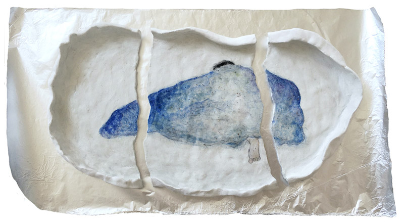 劉亦玲《春の末》 油彩、タンポポの種、紙粘土、アルミホイル 20.5×35.0cm 2023 年