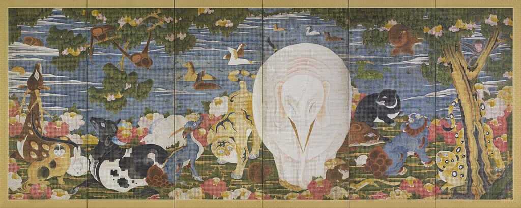伊藤若冲《樹花鳥獣図屏風》画像