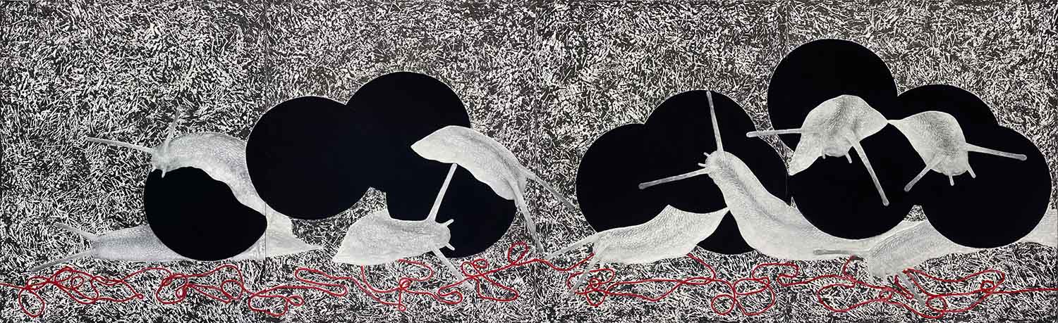 参考作品《最后の神殿》　2020年　岩絵具、胡粉、墨、毛糸　雲肌麻紙　116.7×364.0 cm