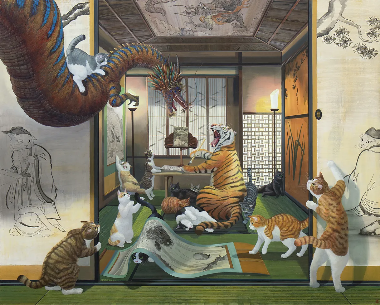 松本亮平《手習いの間》2025年　アクリル・墨/板　130.3×162.0cm