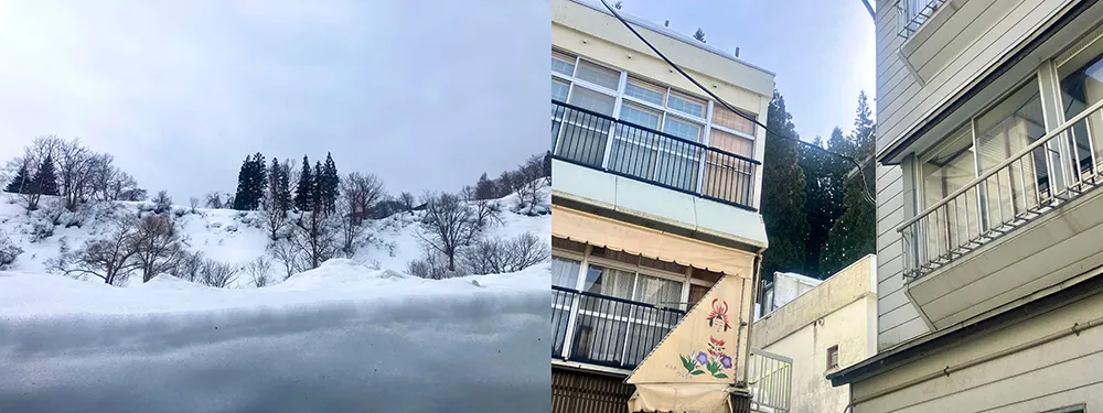肘折温泉郷の風景。雪解け水がキラキラと反射していた