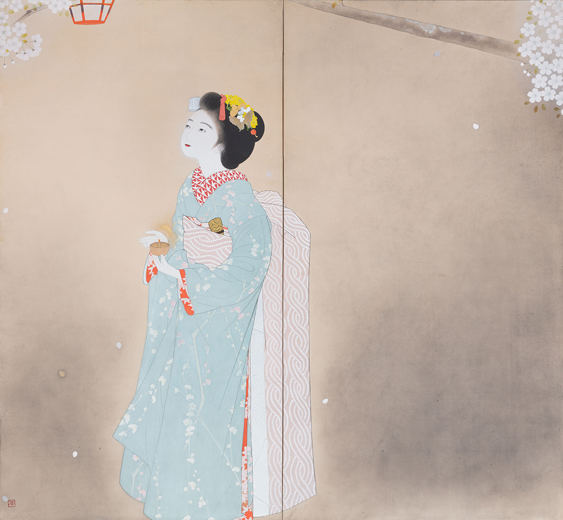 北野恒富《夜桜（左隻）》画像