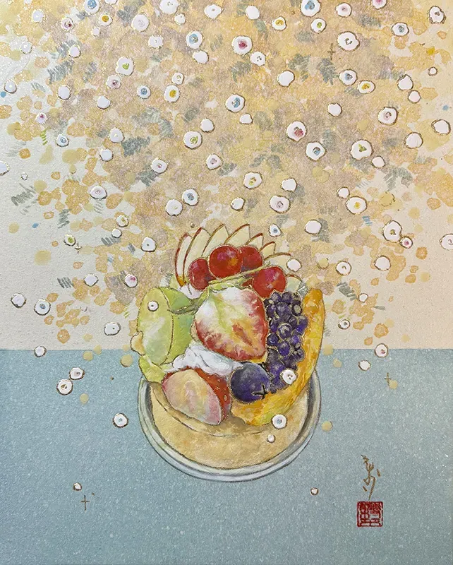 《春花にフルーツタルト》2026年 岩絵具、具絵具、典具帖紙/高知麻紙、パネル 27.3×22.0 cm