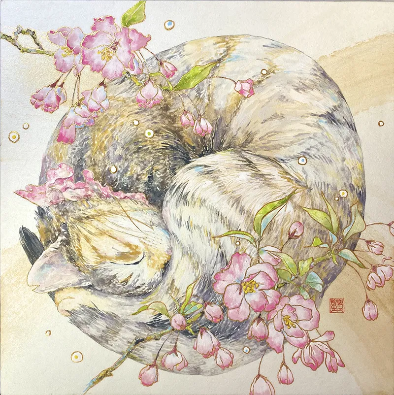 《花海棠》2024年 岩絵具/和紙、パネル 33.3×33.3cm